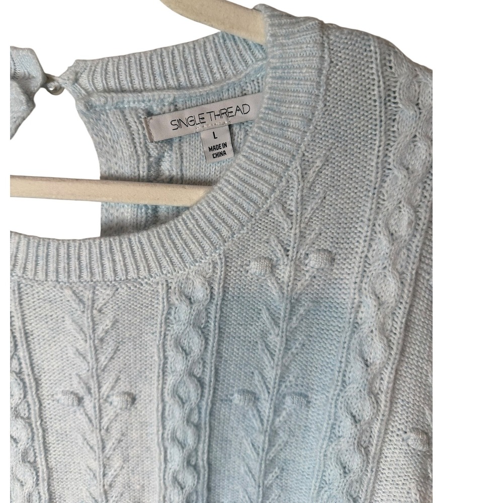 NWT Single Thread Ice Melt Blue Cable Knit Keyhole Back Sweater Large Winter - Picture 4 of 9